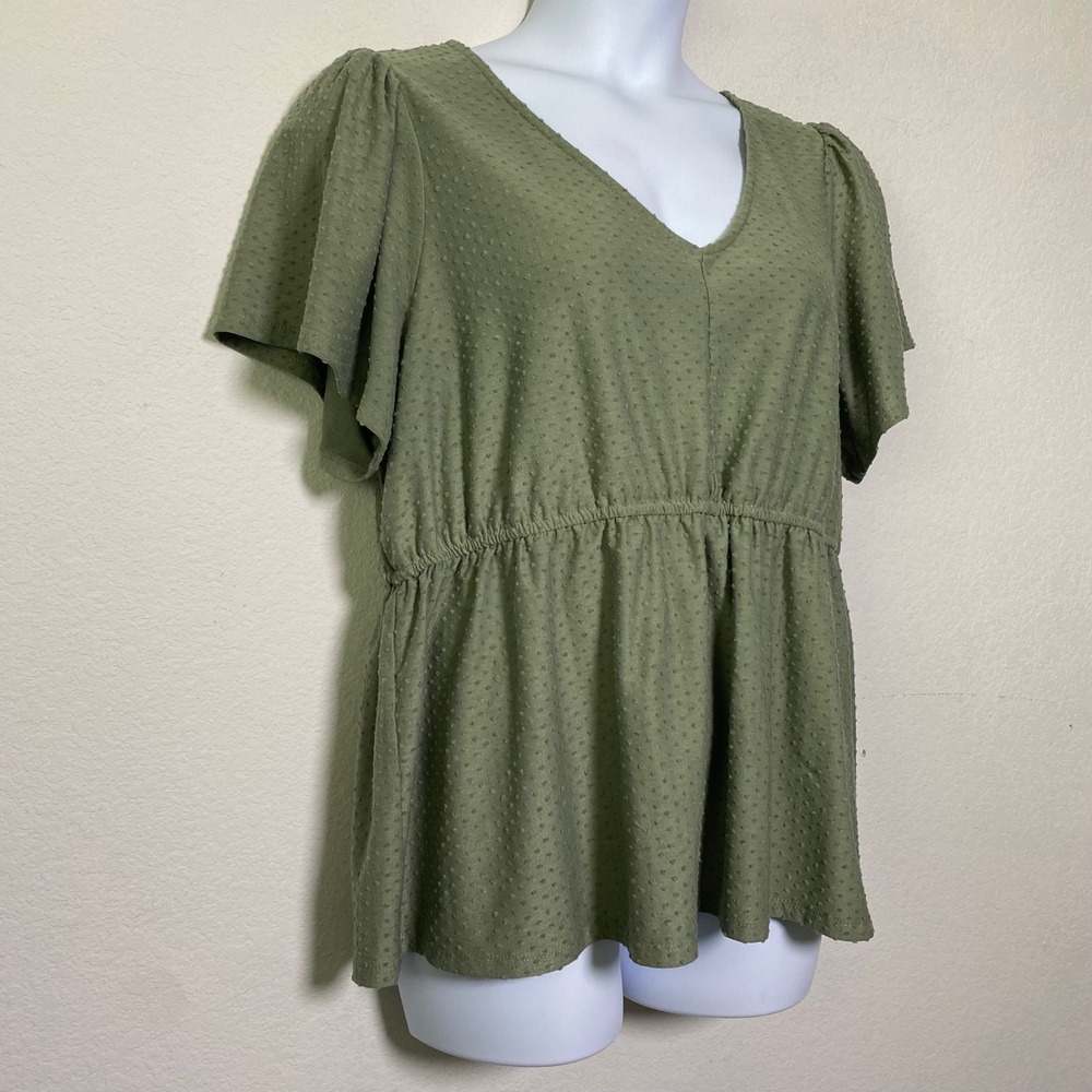 Lane Bryant Plus Size 18/20 Olive Green Swiss Dot Peplum Flutter Sleeve Top‎